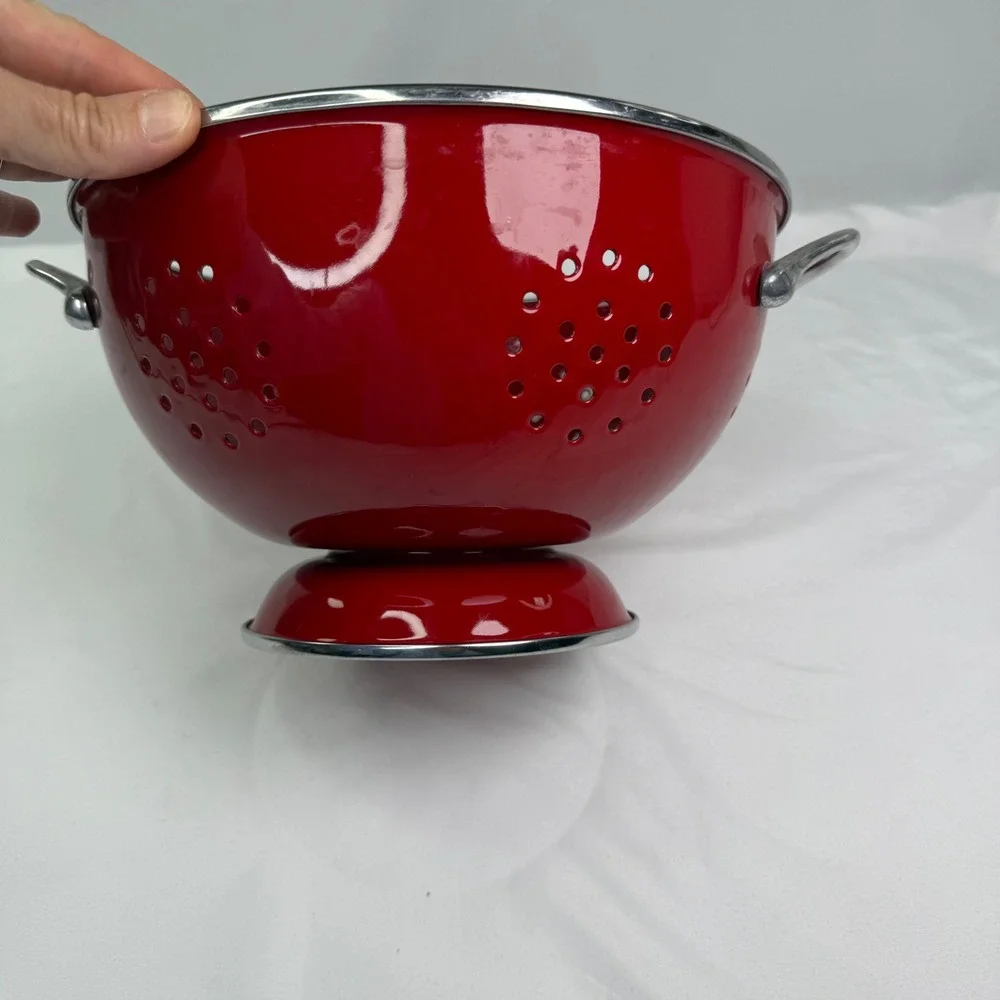 Red Enamel Colander Footed Strainer with Chrome Handles 9.5 Inch Kitchen Decor